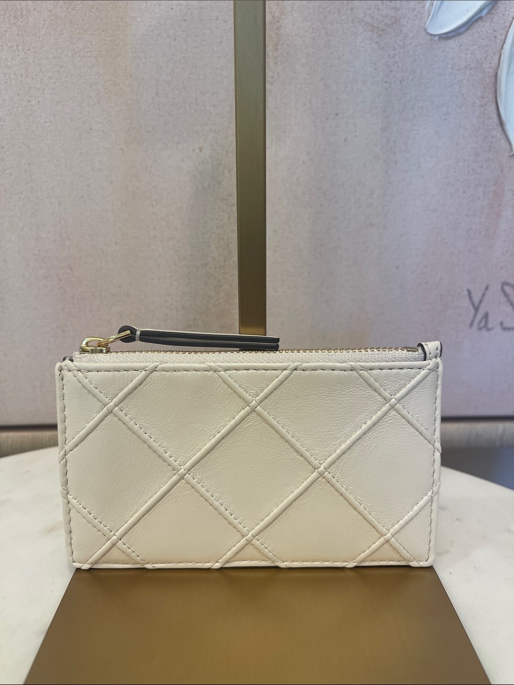NWT Tory Burch Fleming Quilted White Leather Zip Card Wallet